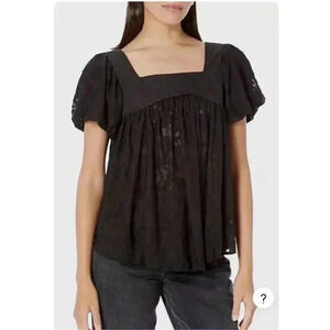Free People Women's Black Lace Bohemian Blouse Med Long Puff Sleeve Relaxed Fit